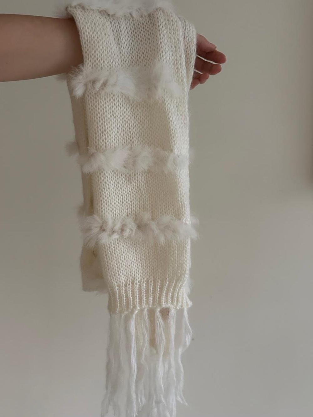 White Knit Scarf with Faux Fur Trim
